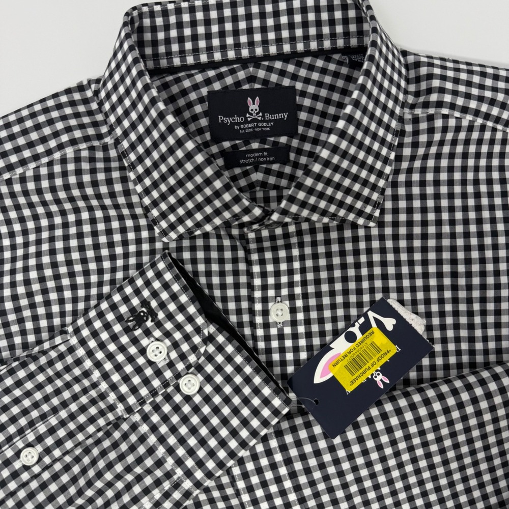 Psycho Bunny Mens Gingham Modern Fit Stretch Dress Shirt Neck 16 34/35 NEW